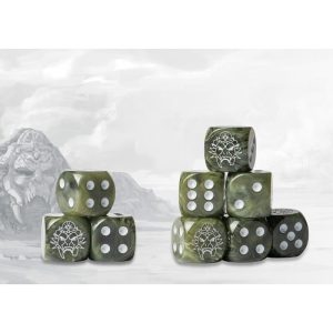 conquest-wadrhun-dice.jpg Hundred Kingdoms W’adrhun Logo on Green Marbled Dice